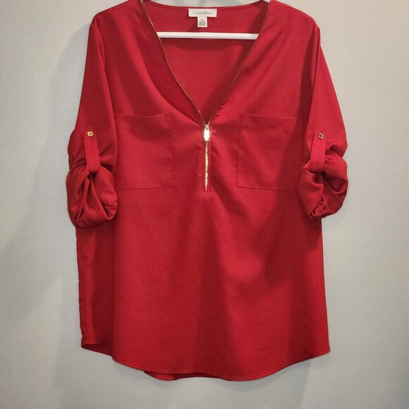 Calvin Klein Solid Red Blouse Long Roll Tab Sleeve Gold Zip Up V-Neck Sz L - Picture 1 of 6